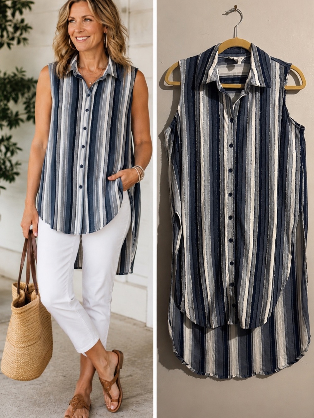 For The Republic Navy & White Striped Sleeveless Button-Up High Low Tunic